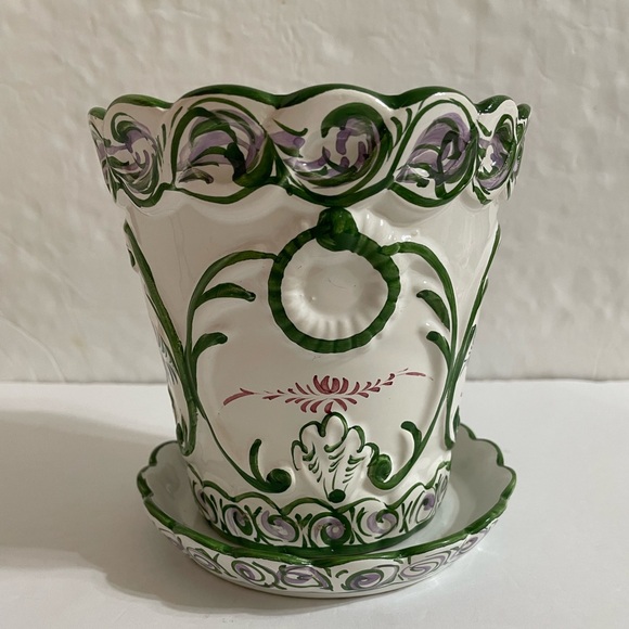 Vintage RCCL Portugal Hand Painted Floral Ceramic Green On White Flower Pot - Picture 6 of 12